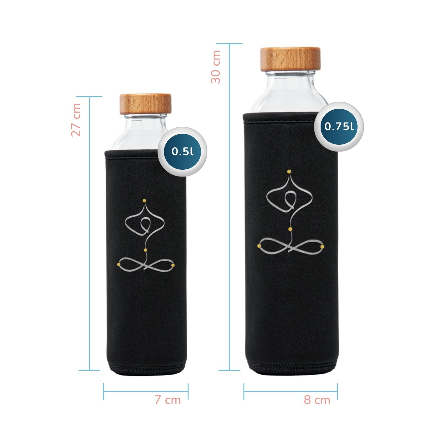 tamaños de la botella de agua de cristal Flaska con funda protectora de neopreno y diseño de yoga Calm