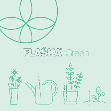 iconos para descripción del uso de la varilla flaska green, icono de florero con flores, icono de regadera, icono de macetero con planta e icono de arbusto en tierra, logo Flaska Green centrado