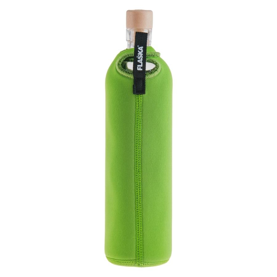 vista posterior botella reutilizable de vidrio flaska con funda de neopreno verde y diseño ranita encantada