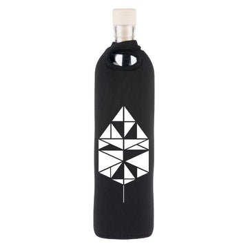 botella reutilizable de vidrio flaska con funda de neopreno negra y diseño tangram