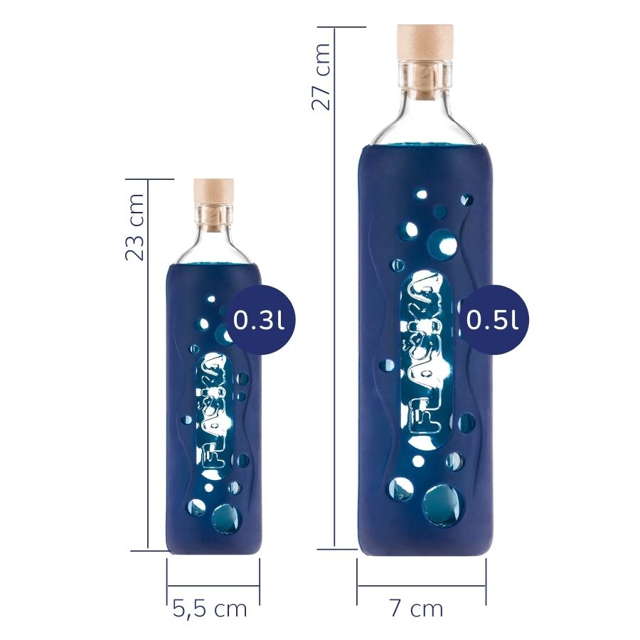 tamaños de botella reutilizable de vidrio flaska con funda de silicona con agujeritos azul