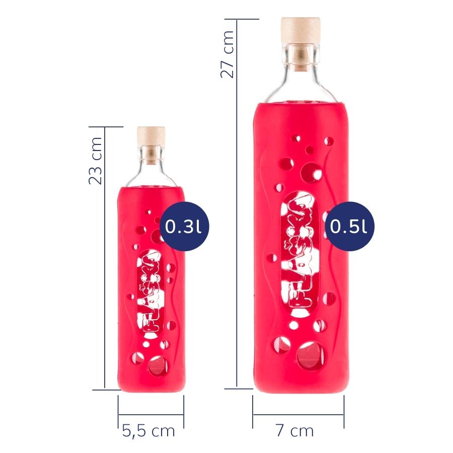 tamaños de botella reutilizable de vidrio flaska con funda de silicona con agujeritos roja