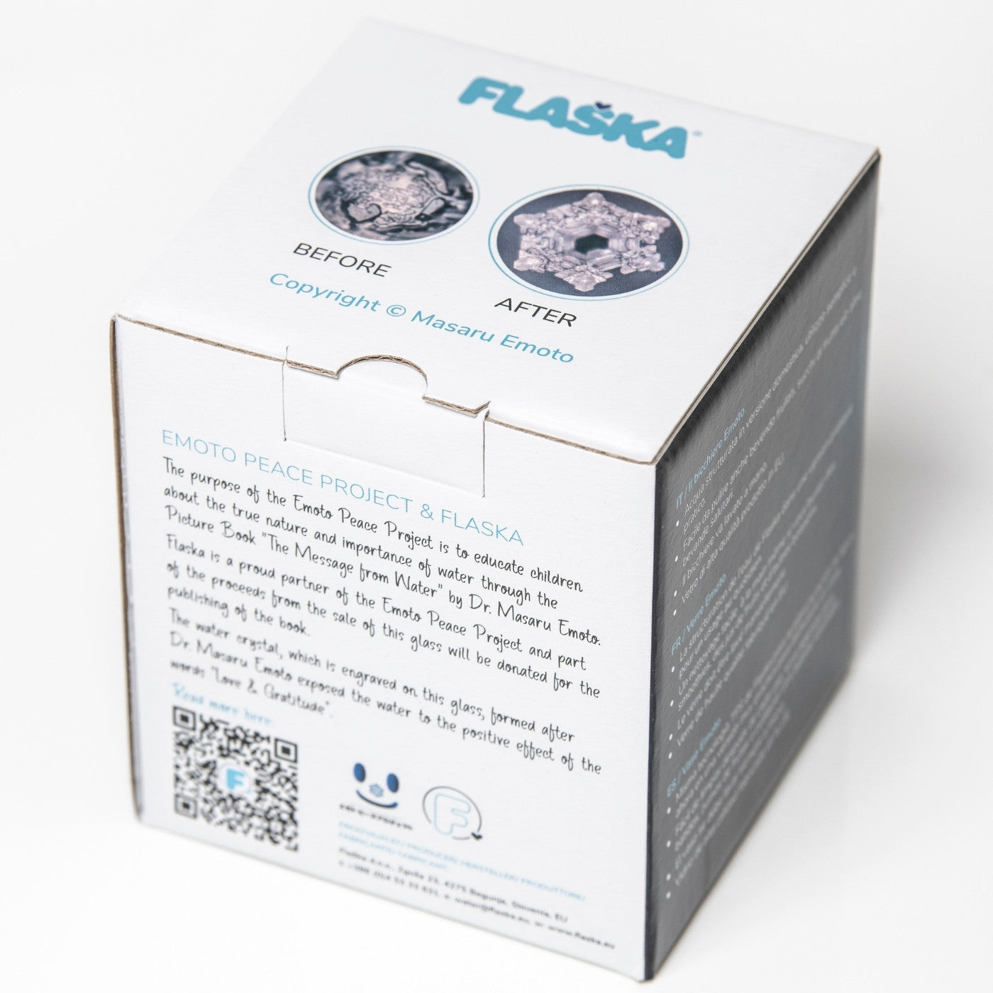 caja vaso de agua de cristal flaska motivo cristal de agua masaru emoto amor y gratitud con QR