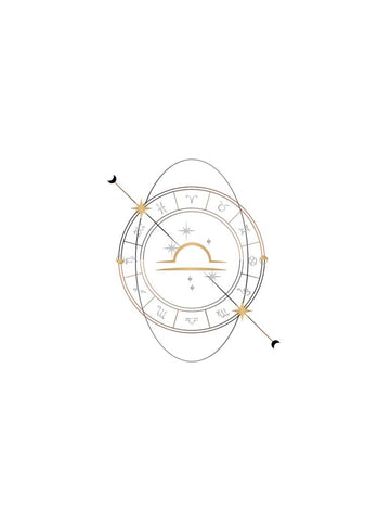 Rueda del zodíaco minimalista con el símbolo de Libra en el centro, rodeado de signos astrológicos y estrellas. Flechas y lunas crecientes lo acentúan.