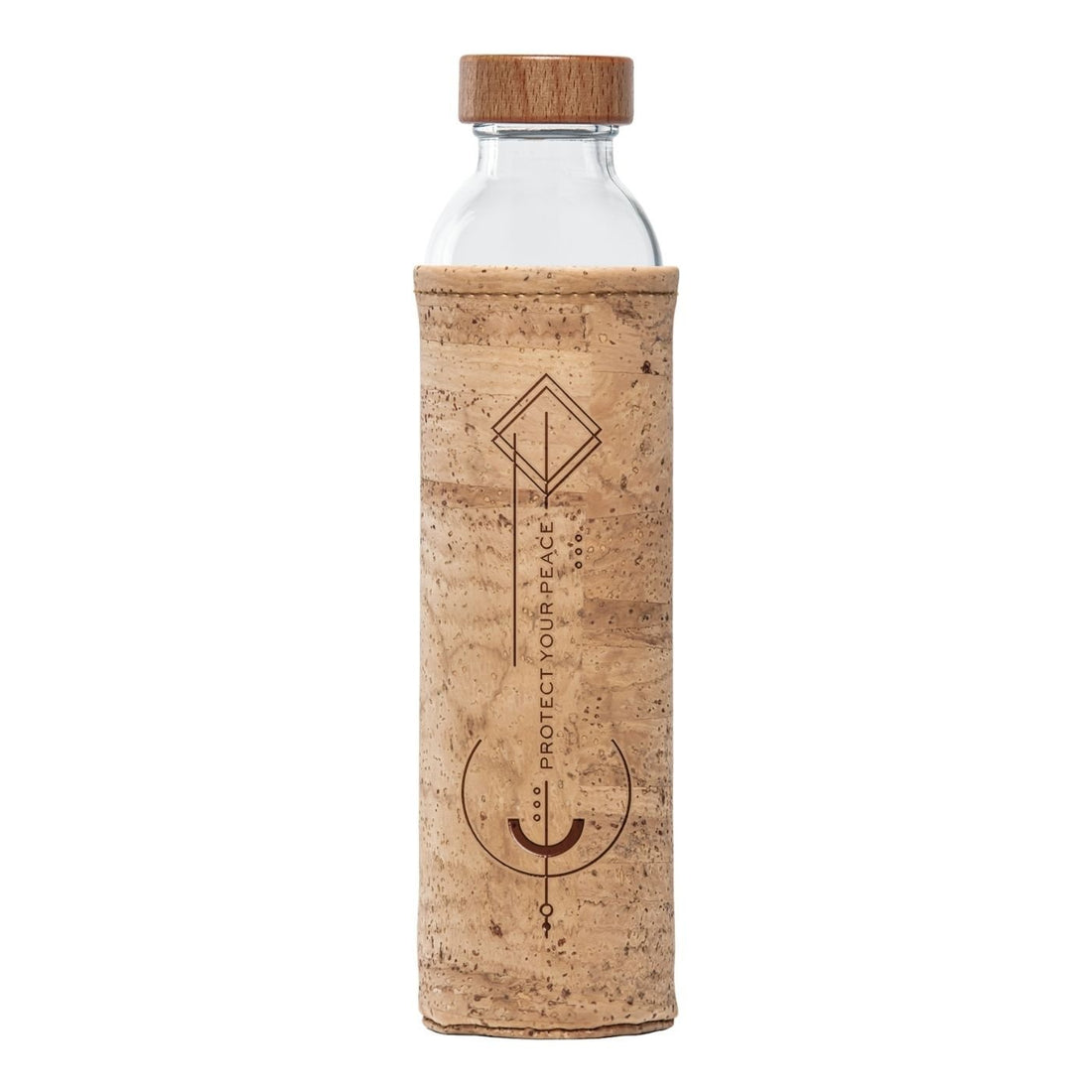 botella de agua de cristal Flaska con tapón de rosca y funda protectora de tela de corcho con diseños geométricos pirograbados y el texto "Protege tu Paz"