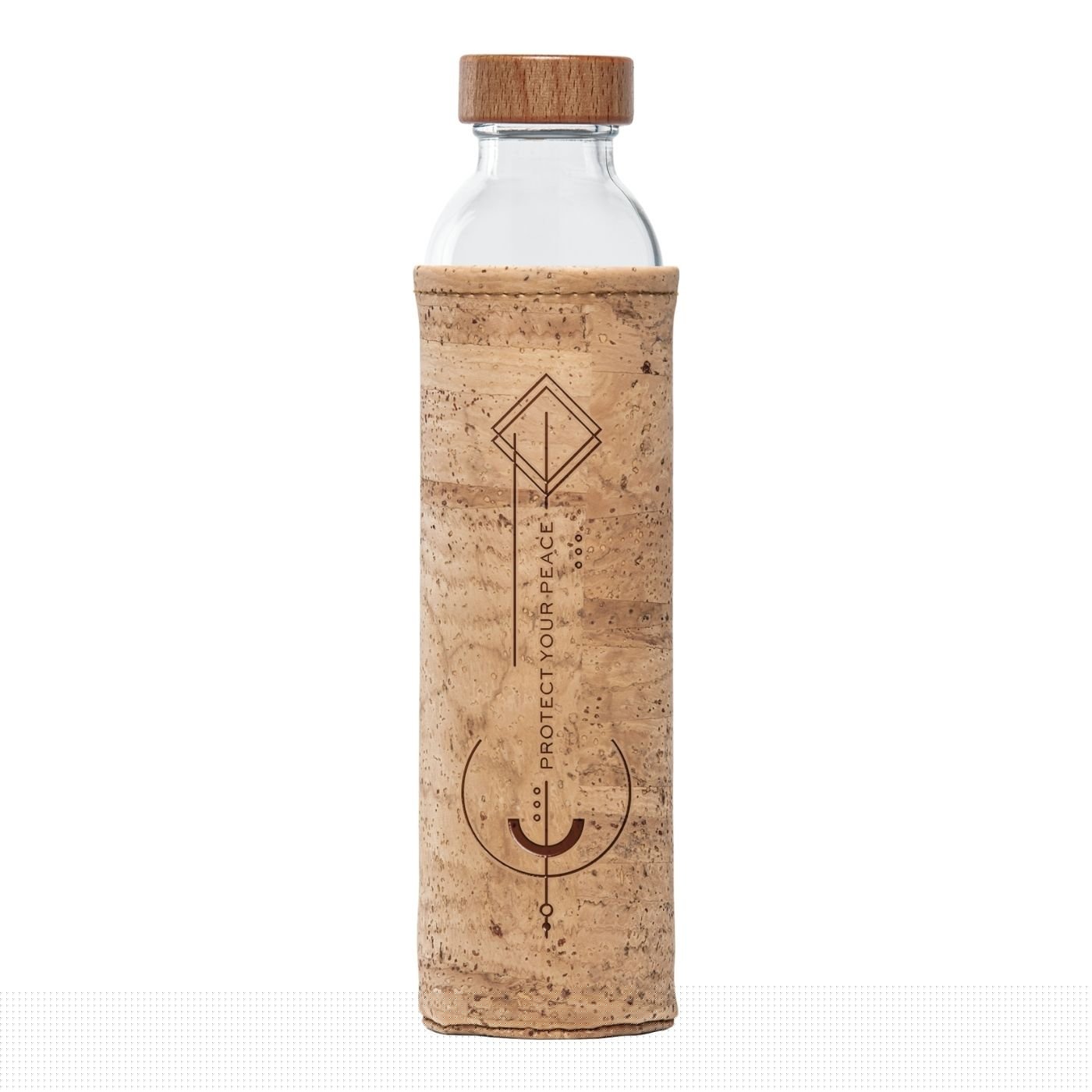 botella de agua de cristal Flaska con tapón de rosca y funda protectora de tela de corcho con diseños geométricos pirograbados y el texto "Protege tu Paz"