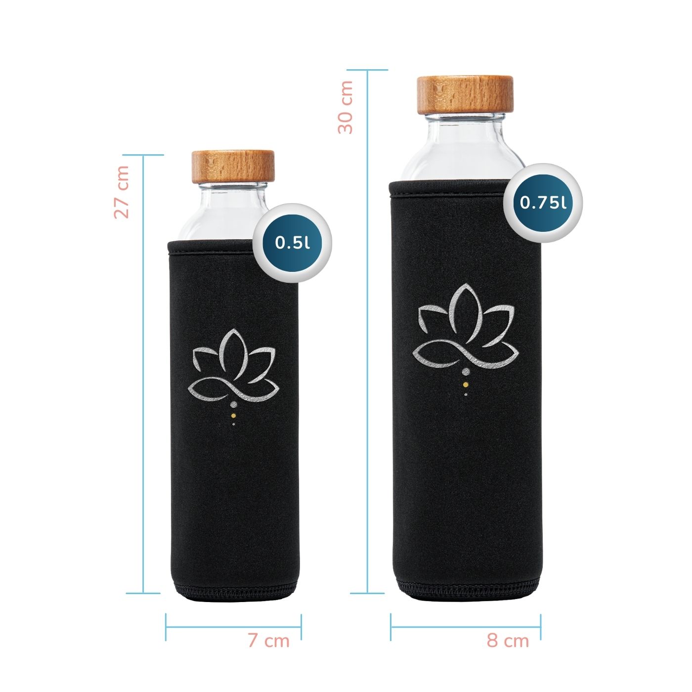 tamaños de la botella de agua de cristal Flaska con funda protectora de neopreno y diseño de yoga Silverlotus