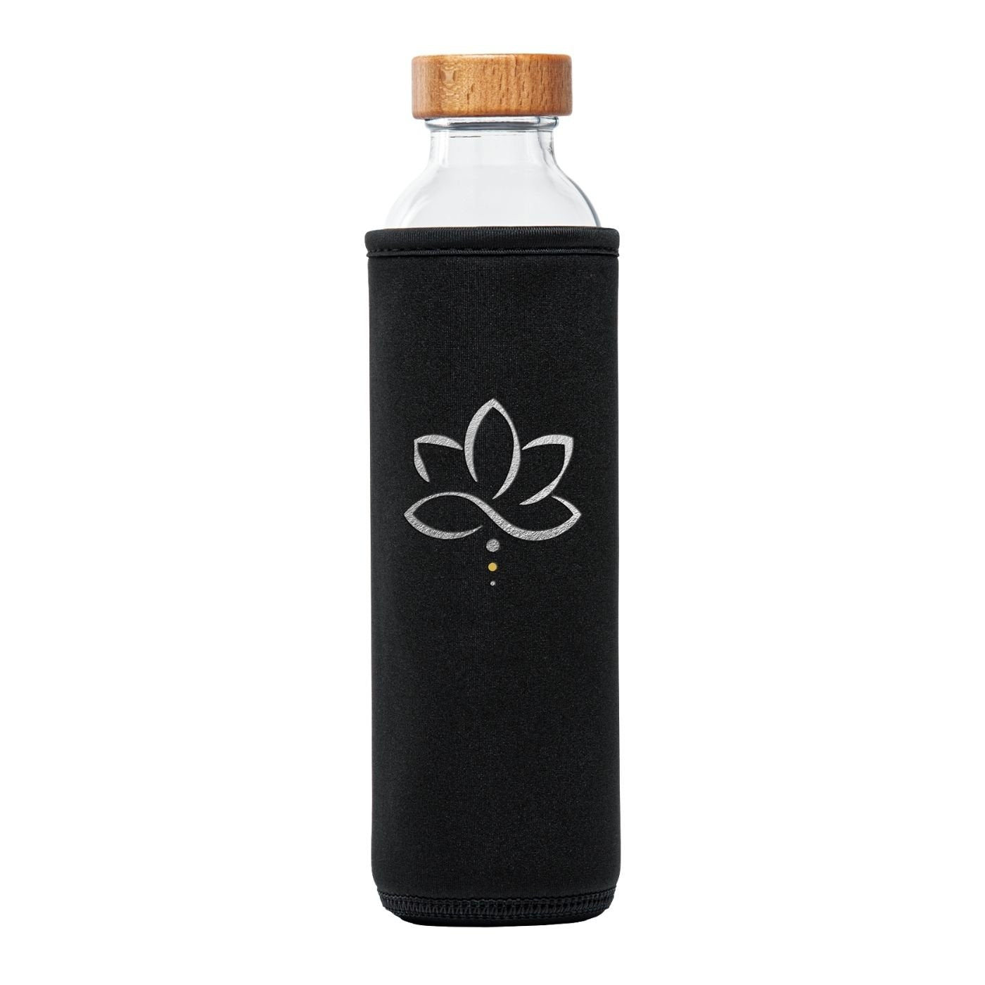 botella de agua de cristal Flaska con tapón de rosca y funda protectora de neopreno con diseño de yoga Silverlotus