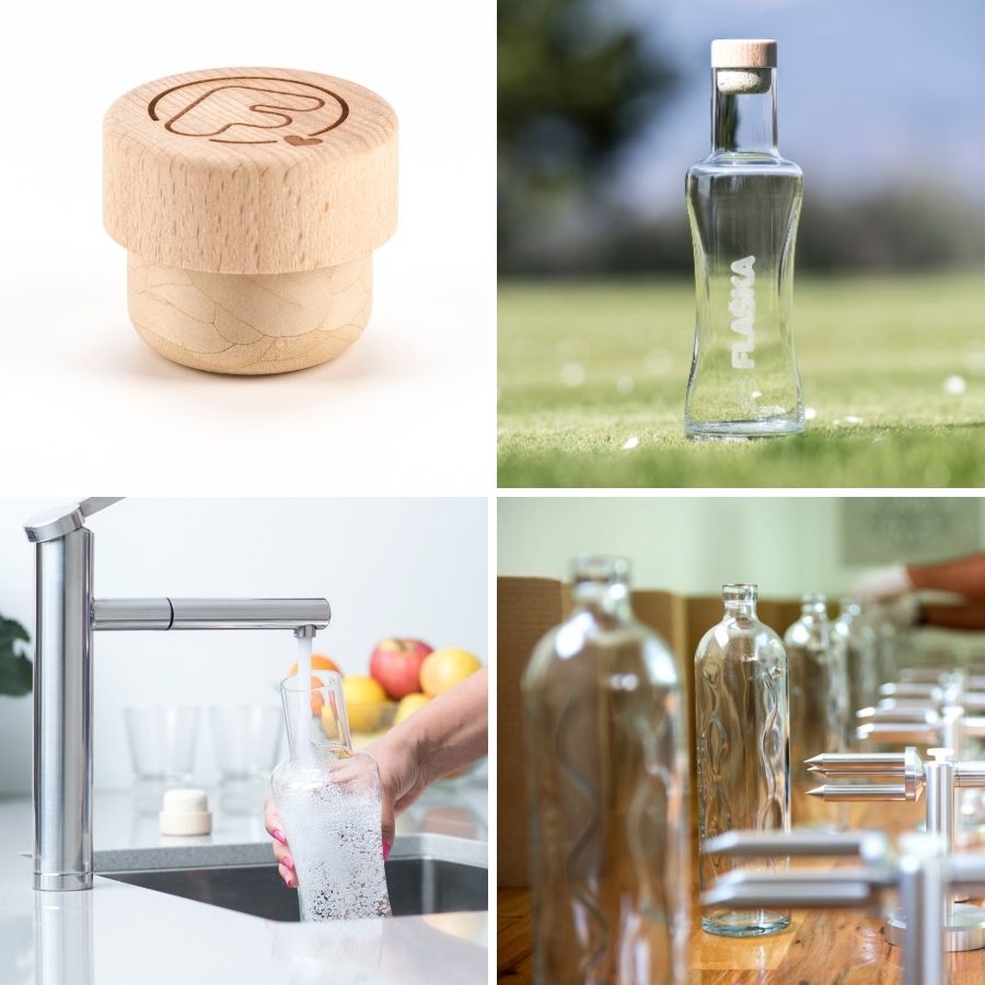 rellenando jarra de cristal Flaska Vodan 1l en grifo del fregadero