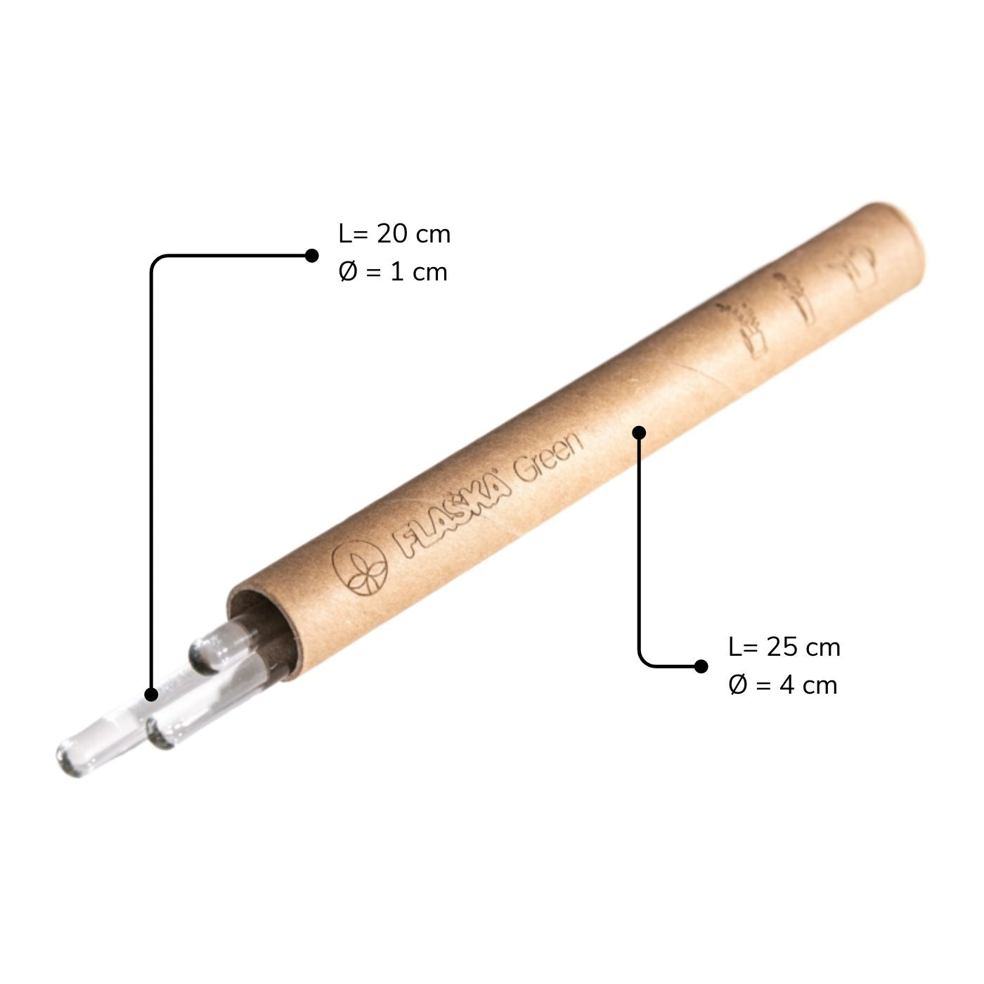 flaska green varilla de vidrio programado para estructurar el agua de tus plantas, pack de 3 unidades con embalaje de cartón tubular con medida de las varillas y medidas del embalaje