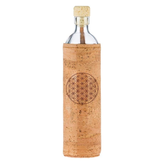 botella reutilizable de vidrio flaska con funda de corcho y diseño flor de la vida