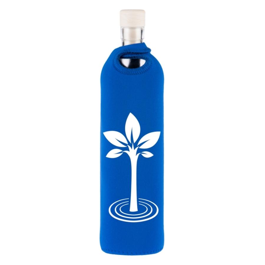 botella reutilizable de vidrio flaska con funda de neopreno azul y diseño arbol de la vida