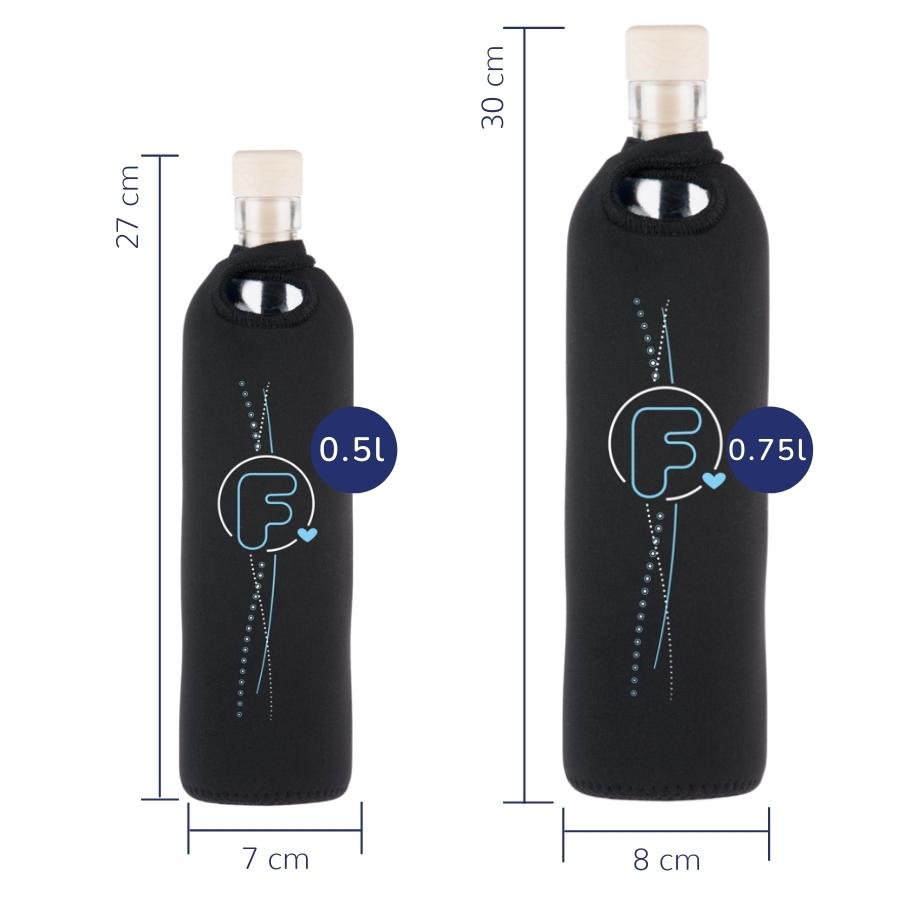 tamaños de botella reutilizable de vidrio flaska con funda de neopreno negra y diseño logo flaska