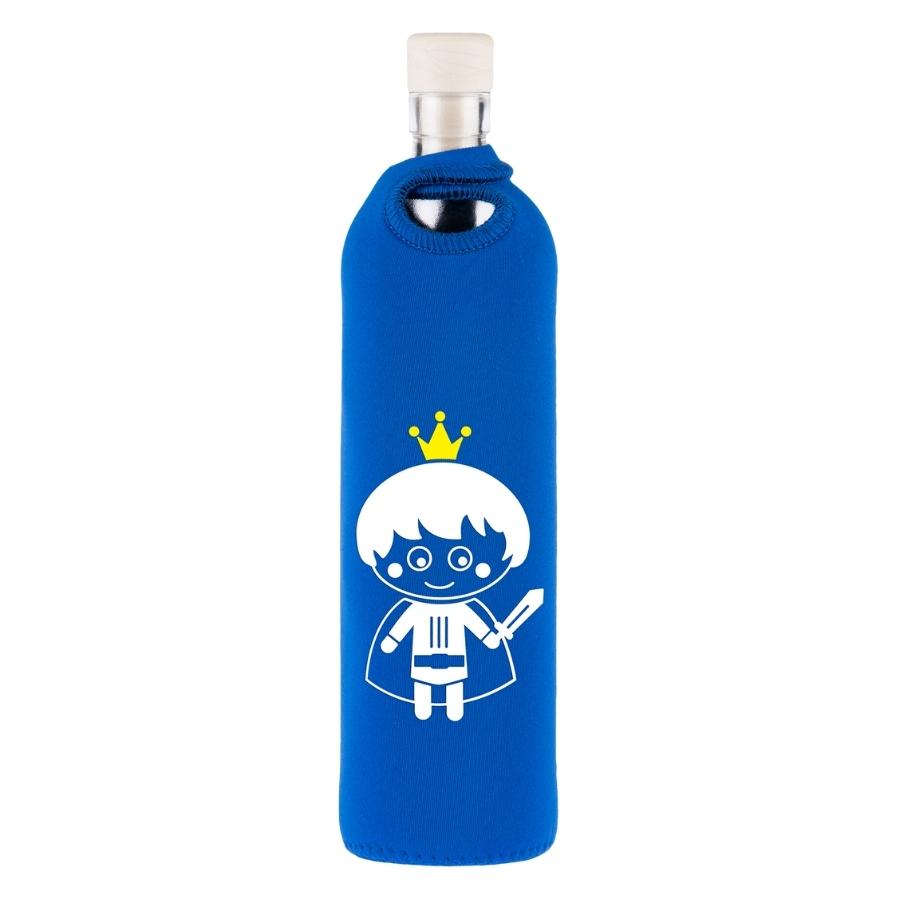 botella reutilizable de vidrio flaska con funda de neopreno azul y diseño caballero