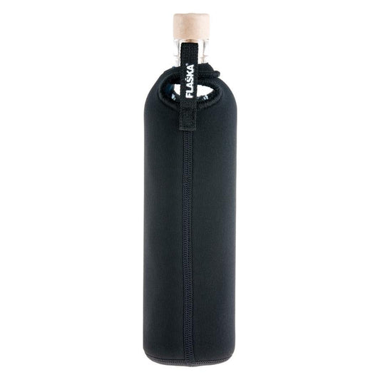 vista posterior botella reutilizable de vidrio flaska con funda de neopreno negra y diseño flor diente de leon