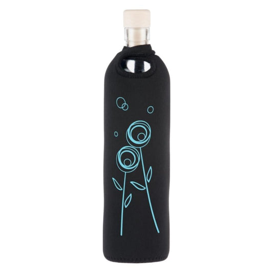 botella reutilizable de vidrio flaska con funda de neopreno negra y diseño flor diente de leon