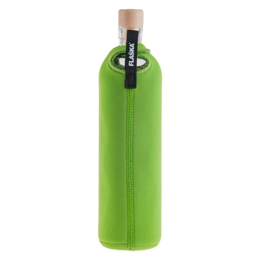 vista posterior botella reutilizable de vidrio flaska con funda de neopreno verde y diseño flor de loto