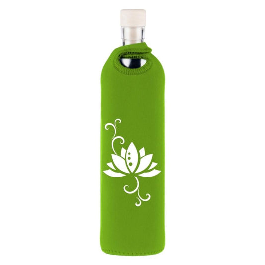 botella reutilizable de vidrio flaska con funda de neopreno verde y diseño flor de loto