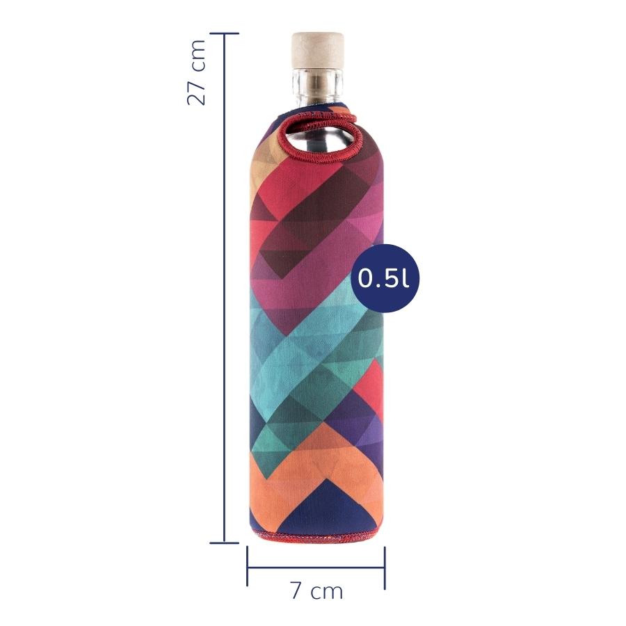 tamaños de botella reutilizable de vidrio flaska con funda de neopreno diseño formas geometricas de varios coloress