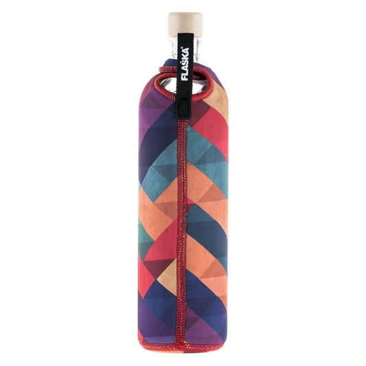 vista posterior botella reutilizable de vidrio flaska con funda de neopreno diseño formas geometricas de varios coloress