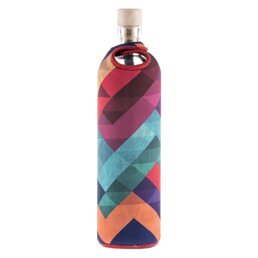 botella reutilizable de vidrio flaska con funda de neopreno diseño formas geometricas de varios coloress