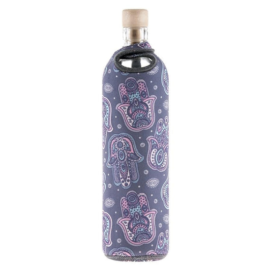 botella reutilizable de vidrio flaska con funda de neopreno diseño mano de fatima