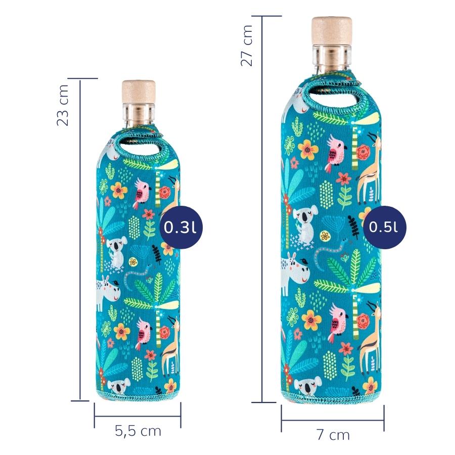 tamaños de botella reutilizable de vidrio flaska con funda de neopreno diseño animales