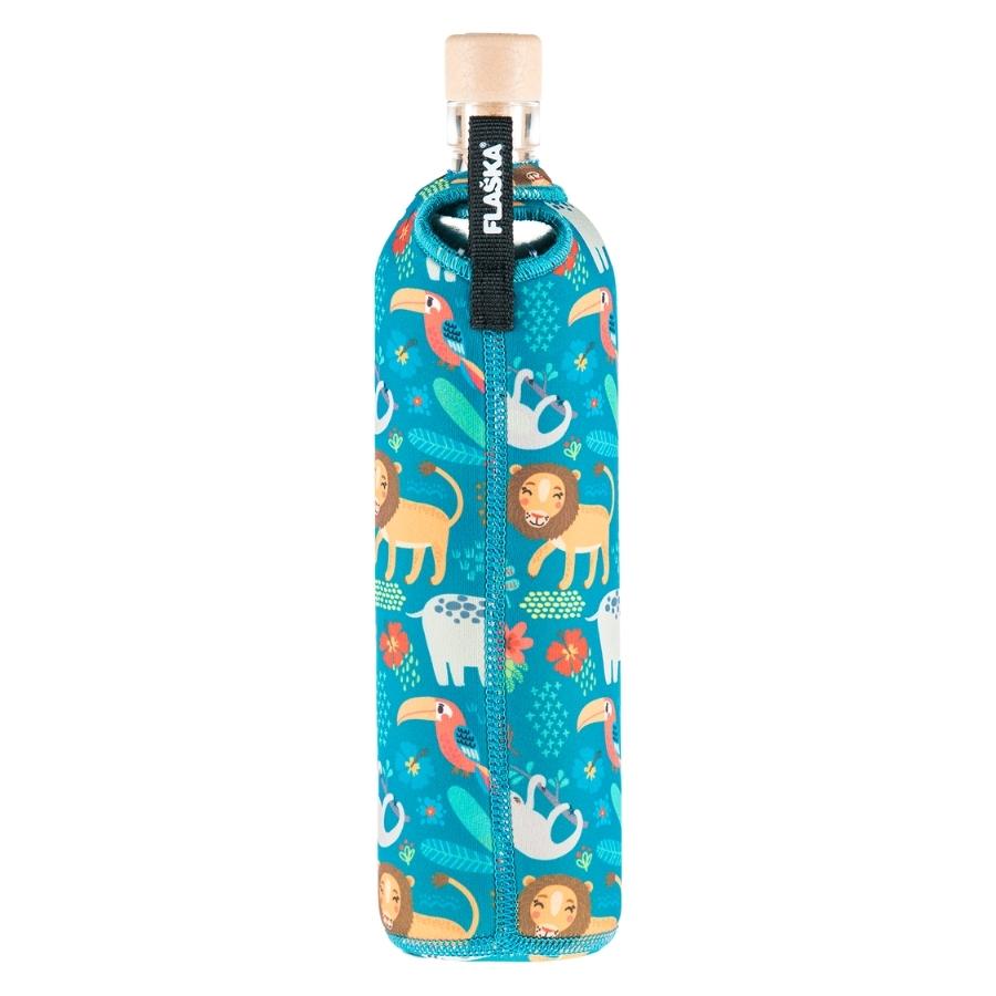 vista posterior botella reutilizable de vidrio flaska con funda de neopreno diseño animales