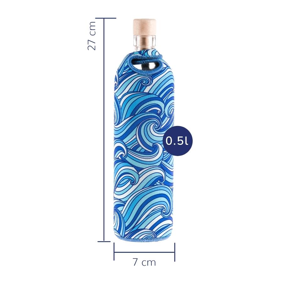 tamaños de botella reutilizable de vidrio flaska con funda de neopreno diseño olas del mar azules