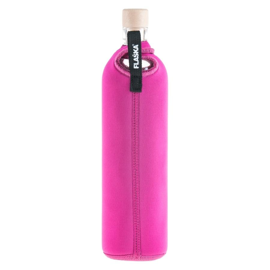 botella reutilizable de vidrio flaska con funda de neopreno rosa y diseño pajarita enamorada