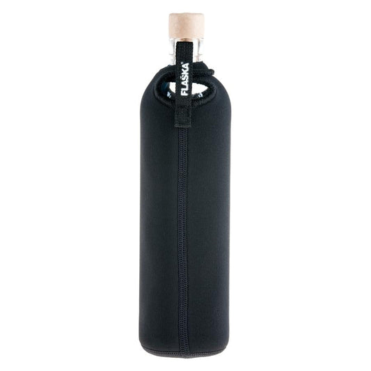 vista posterior botella reutilizable de vidrio flaska con funda de neopreno negra y diseño perro y gato mirando las estrellas