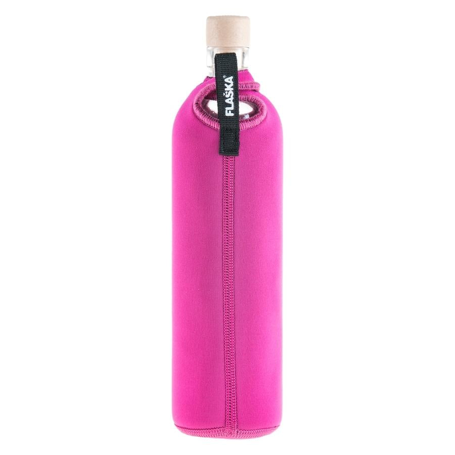 vista posterior botella reutilizable de vidrio flaska con funda de neopreno rosa y diseño princesa