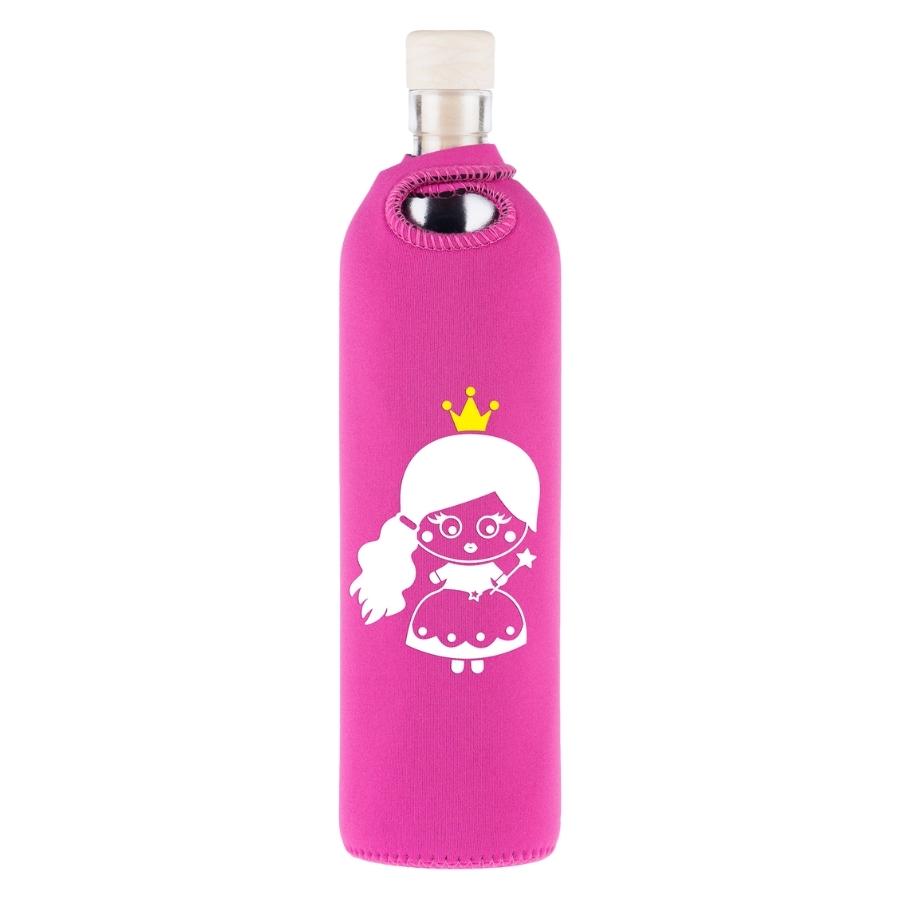 botella reutilizable de vidrio flaska con funda de neopreno rosa y diseño princesa