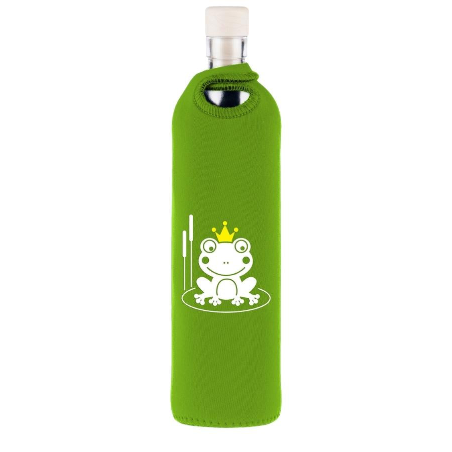 botella reutilizable de vidrio flaska con funda de neopreno verde y diseño ranita encantada