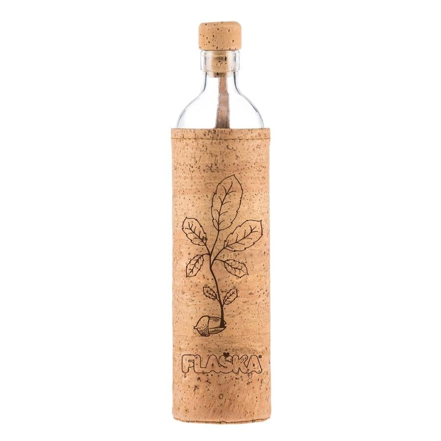 botella reutilizable de vidrio flaska con funda de corcho y diseño hoja de alcornoque