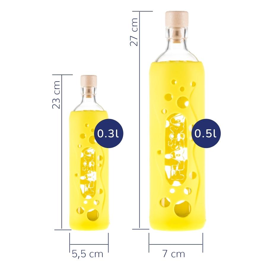 tamaños de botella reutilizable de vidrio flaska con funda de silicona con agujeritos amarilla