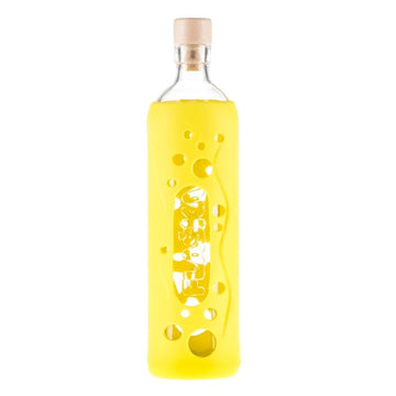 botella reutilizable de vidrio flaska con funda de silicona con agujeritos amarilla