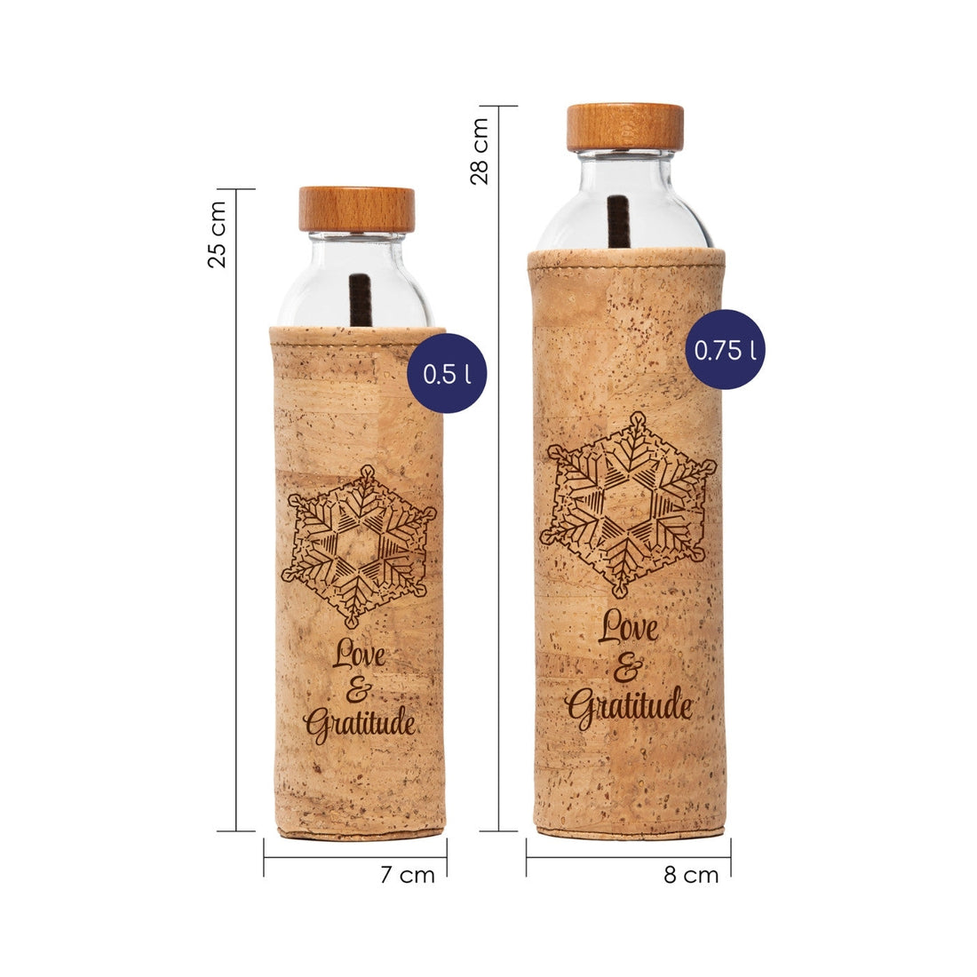 botella de agua de cristal flaska con funda de corcho y diseño emoto amor y gratitud
