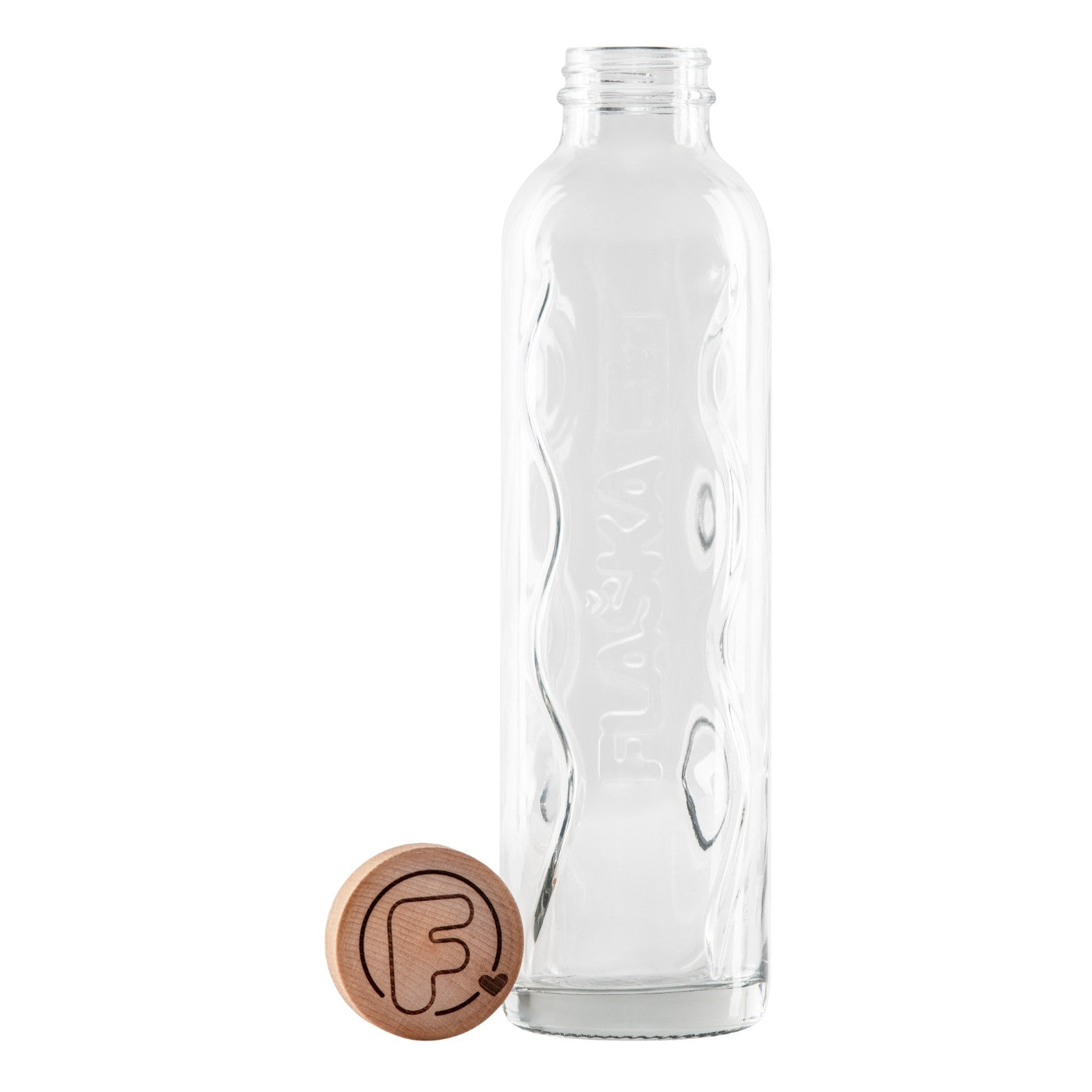 botella de agua de cristal flaska de rosca sin funda con tapon de madera a un lado