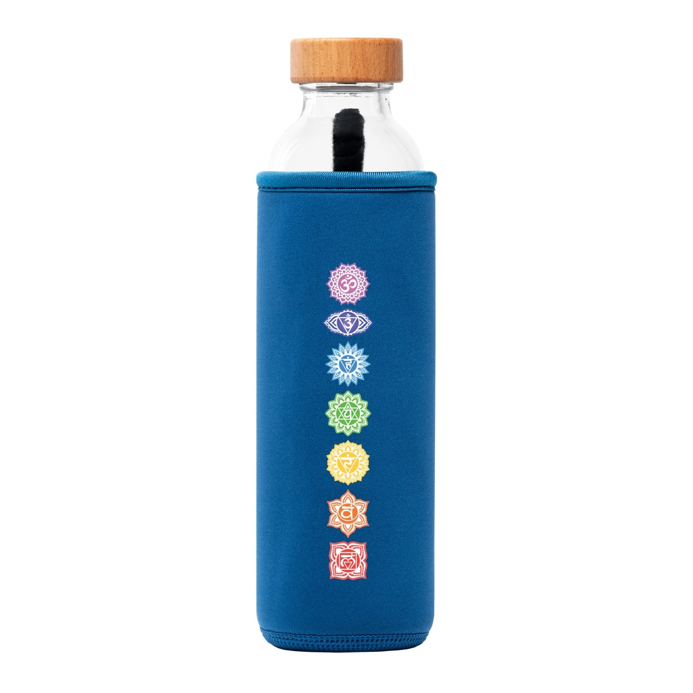 botella de agua de cristal flaska con funda de neopreno azul y diseño chakras colores