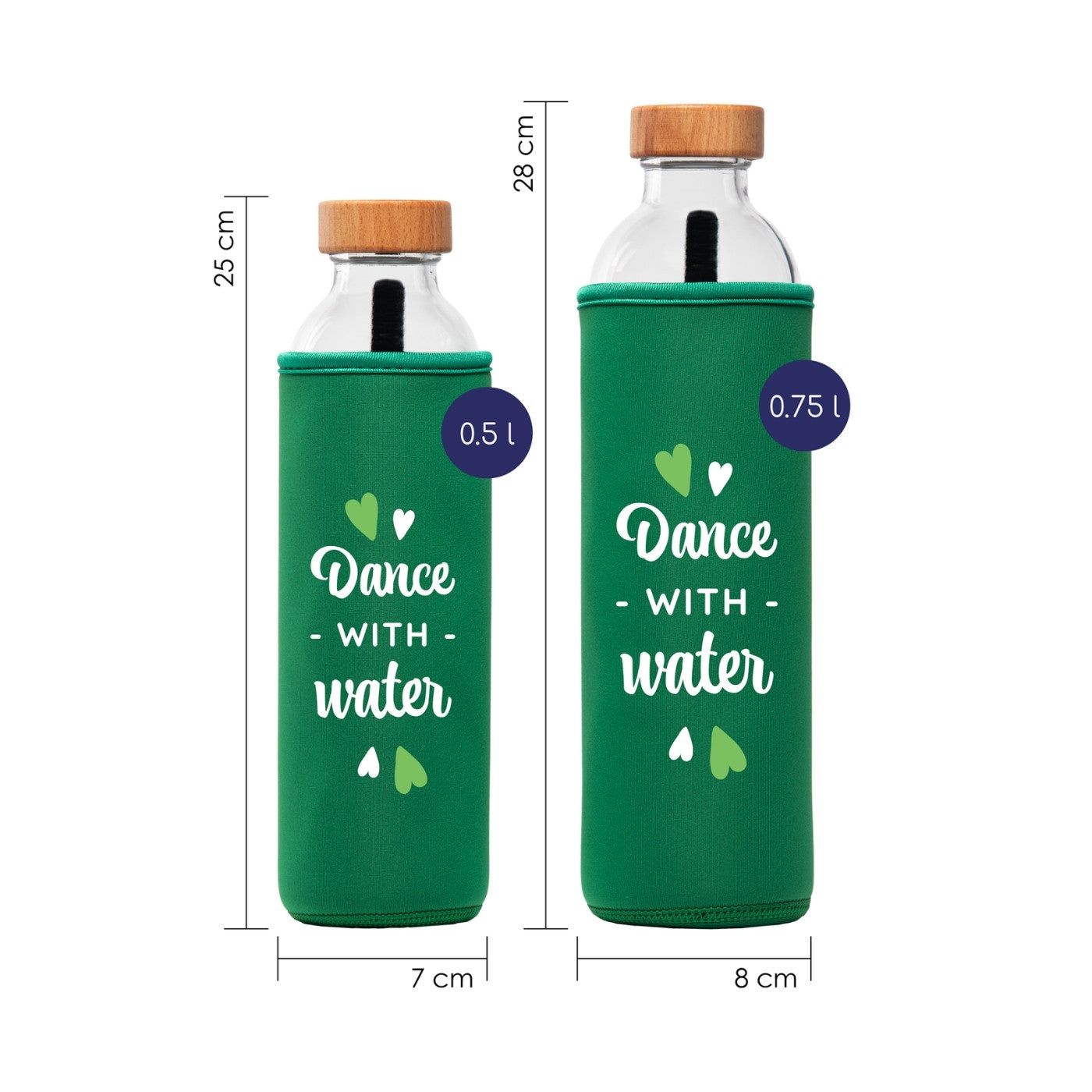 tamaños de botella de agua de cristal flaska con funda de neopreno verde y diseño letras dance