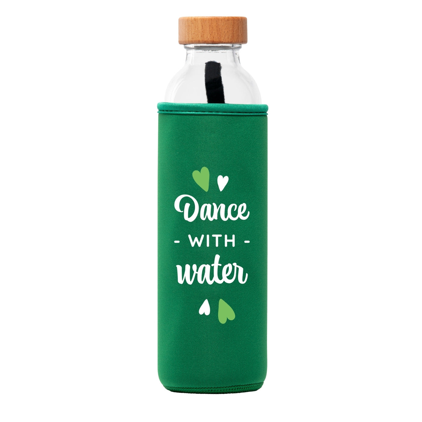 botella de agua de cristal flaska con funda de neopreno verde y diseño letras dance
