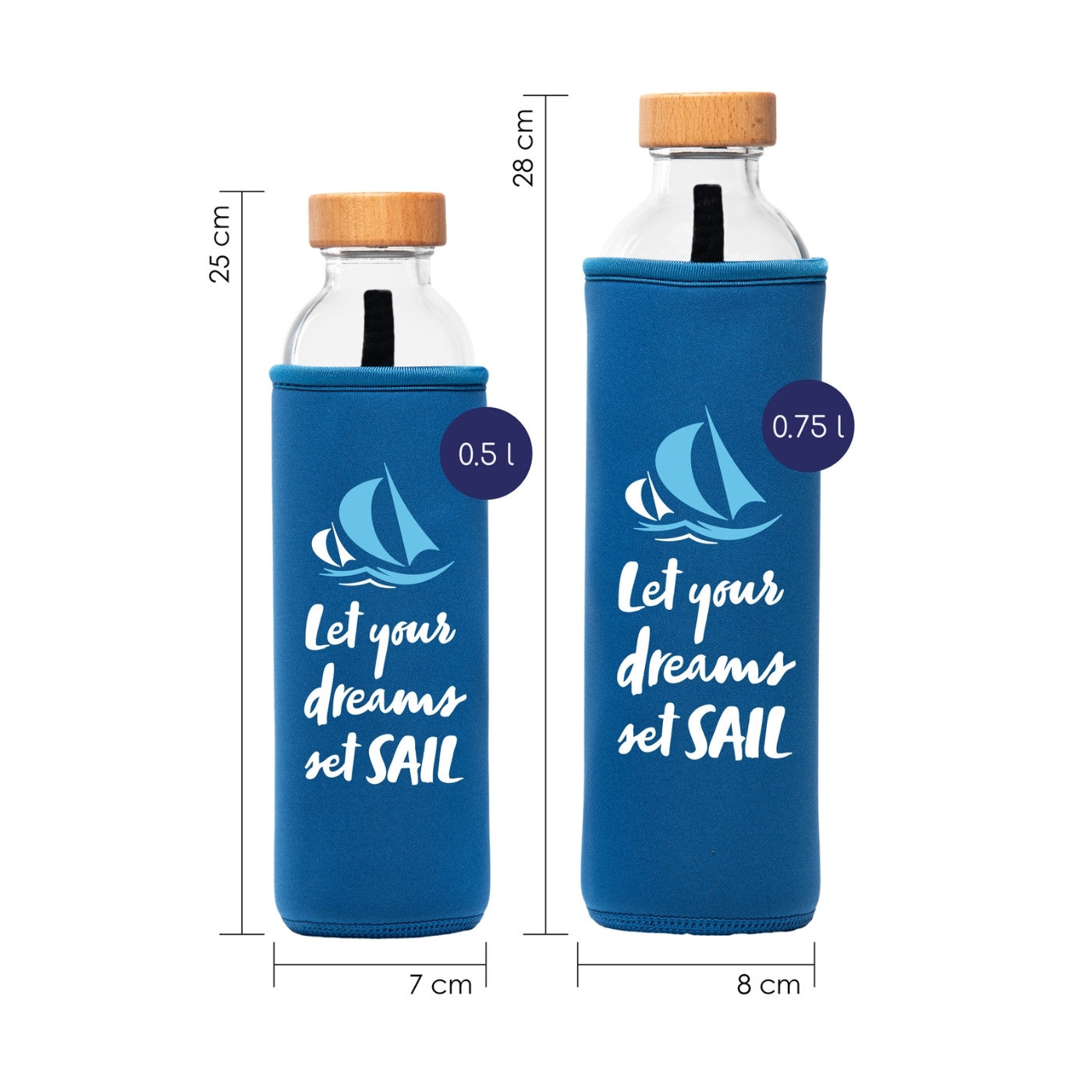 tamaños de botella de agua de cristal flaska con funda de neopreno azul y diseño letras sail