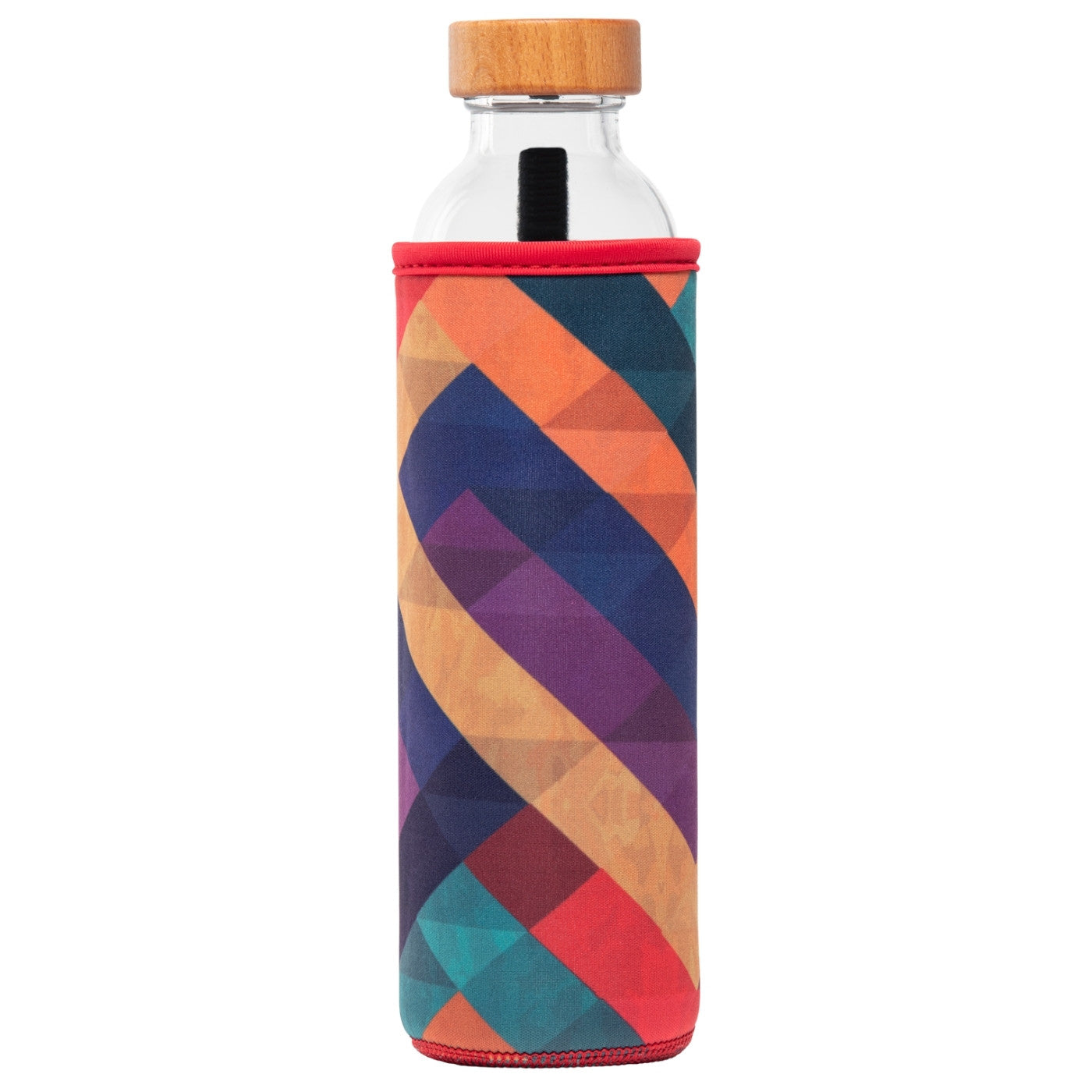 botella de agua de cristal flaska con funda de neopreno multicolor y diseño formas geometricas