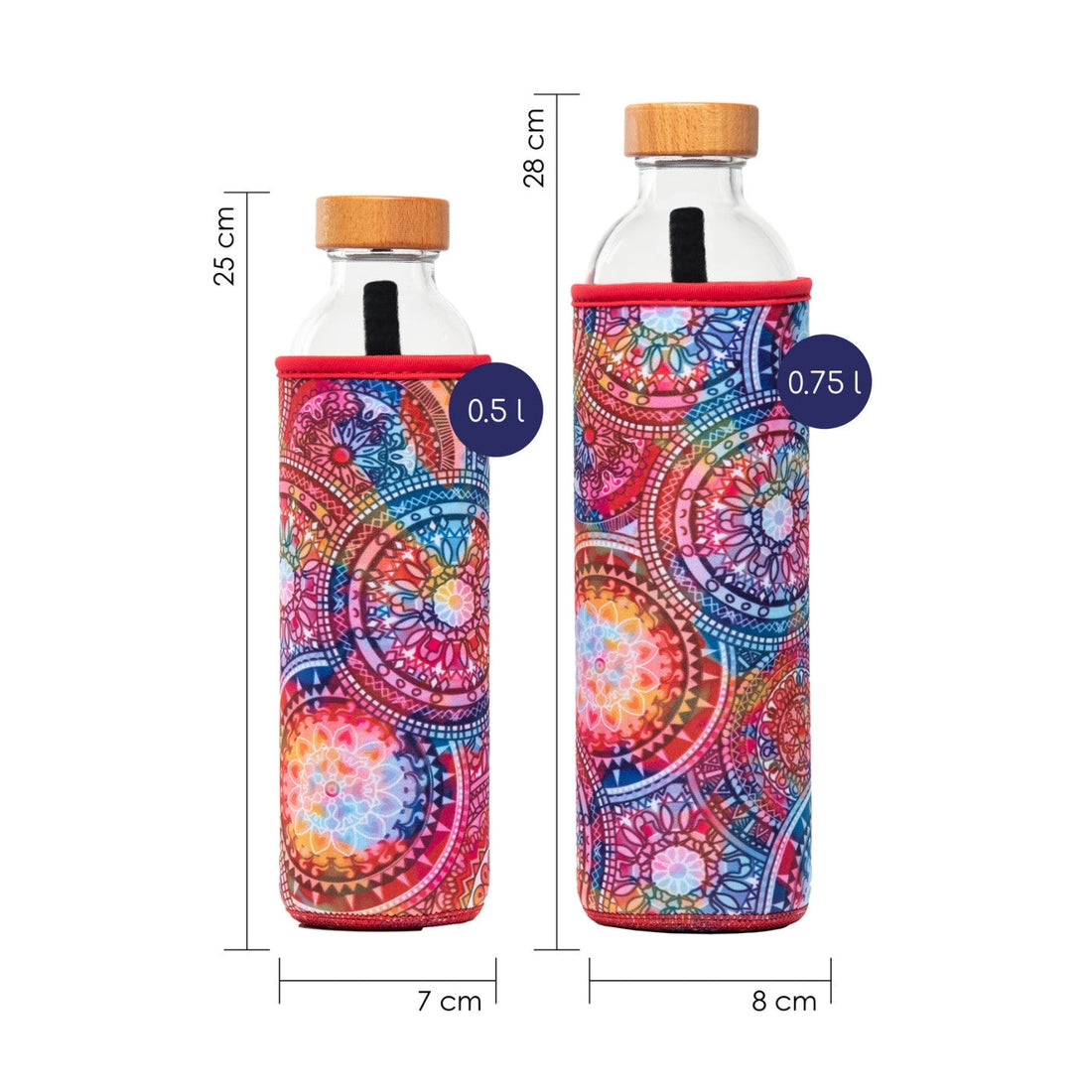 botella de agua de cristal flaska con funda de neopreno diseño mandalas