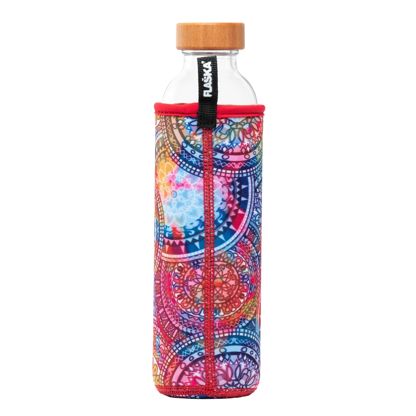 vista posterior botella de agua de cristal flaska con funda de neopreno diseño mandalas