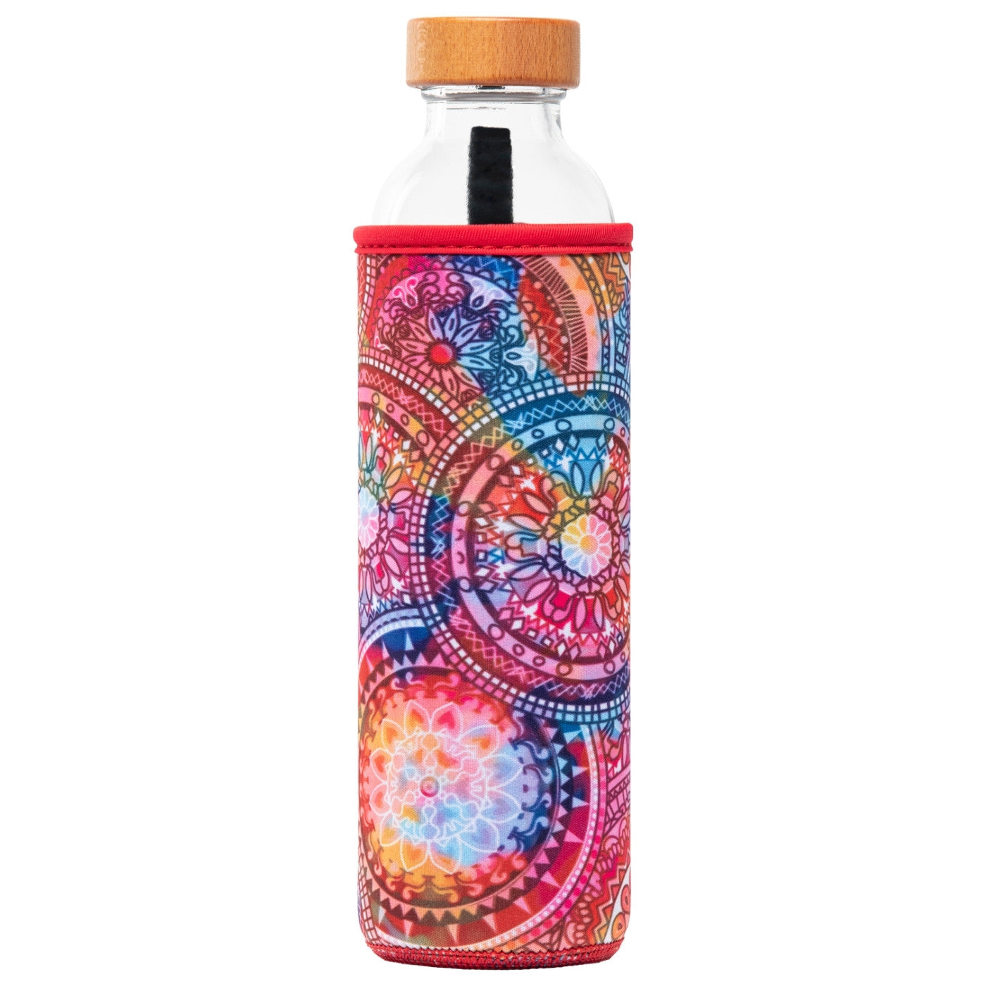 botella de agua de cristal flaska con funda de neopreno diseño mandalas