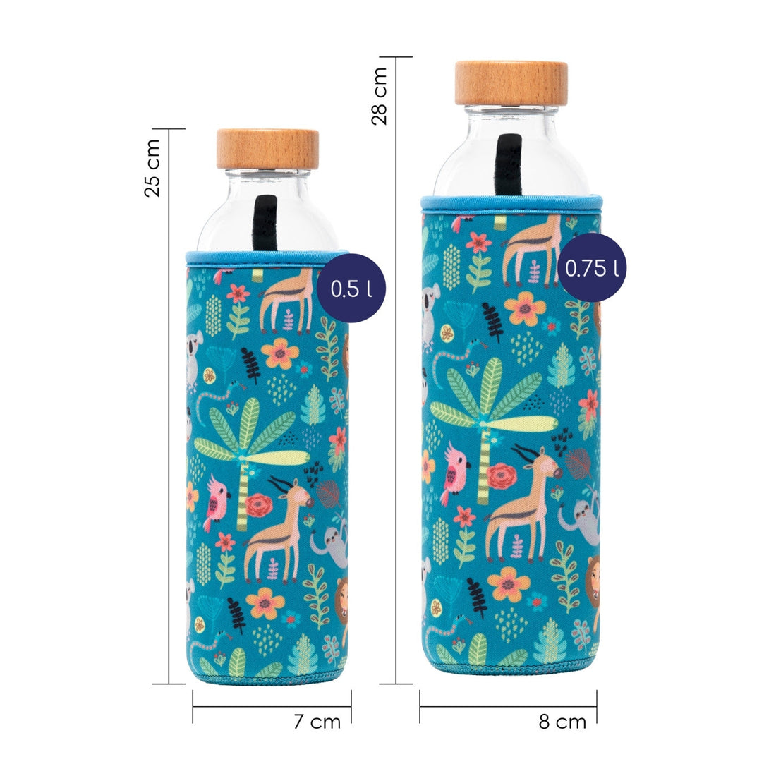 botella de agua de cristal flaska con funda de neopreno diseño animales