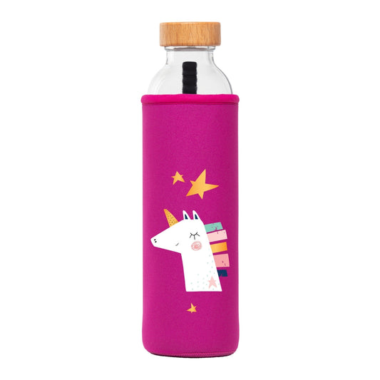 botella de agua de cristal flaska con funda de neopreno rosa y diseño unicornio