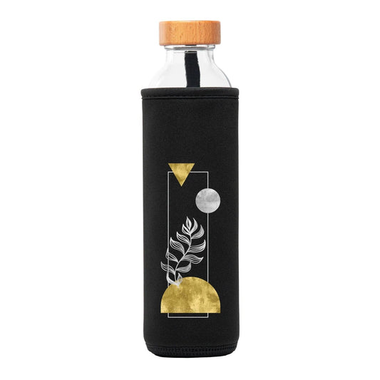botella de agua de cristal flaska con funda de neopreno negra y diseño formas universo